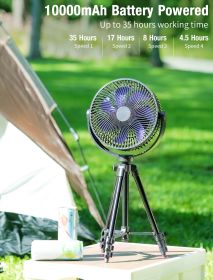 Standing Fan;  10000mAh Portable Rechargeable 8'' Battery Powered Pedestal Fan with Tent Hook 37Hours Working Time Adjustable Tripod 4 Speeds Fan for