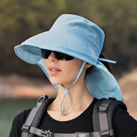 Wide Brim Shawl Ponytail Bucket Hat For Women; Outdoor Fishing Hiking UV Protection Bonnet (Color: 1# Blue)