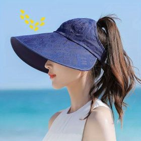 Letter Pattern Sun Hat; Fashion Large Brim Empty Top UV Protection Cycling Fishing Outdoor Casual Ponytail Hat (Color: Navy Blue)