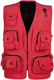 Men's Casual Multi Pocket Cargo Vest Outdoor Work Photography Fishing Vest Jacket (size: RED-XL)