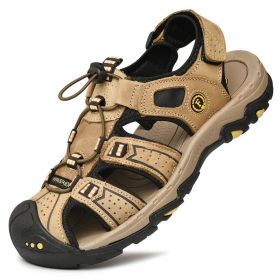 Summer Men Casual Beach Outdoor Water Shoes Breathable Trekking Sandals Hiking Climbing Fishing Genuine Leather Leisure Sandals (Color: Light Brown, size: 41)