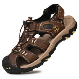 Summer Men Casual Beach Outdoor Water Shoes Breathable Trekking Sandals Hiking Climbing Fishing Genuine Leather Leisure Sandals (Color: Dark brown, size: 45)