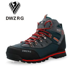 DWZRG Men Hiking Shoes Waterproof Leather Shoes Climbing & Fishing Shoes New Popular Outdoor Shoes Men High Top Winter Boots (Color: Dark Blue Red, size: 42)